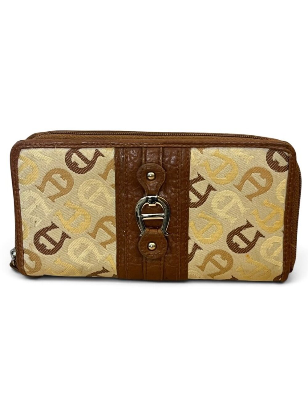 Vintage Etienne Aigner Tan & Brown Monogrammed Wallet Silver-Tone Accents